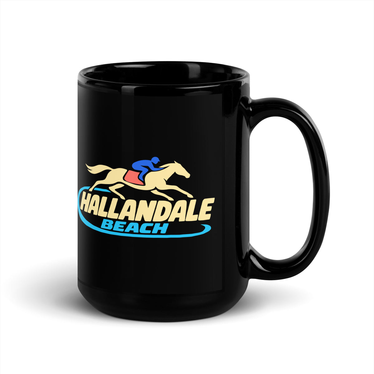 Hallandale Beach — Black mug, 15 oz, right side, logo on both sides