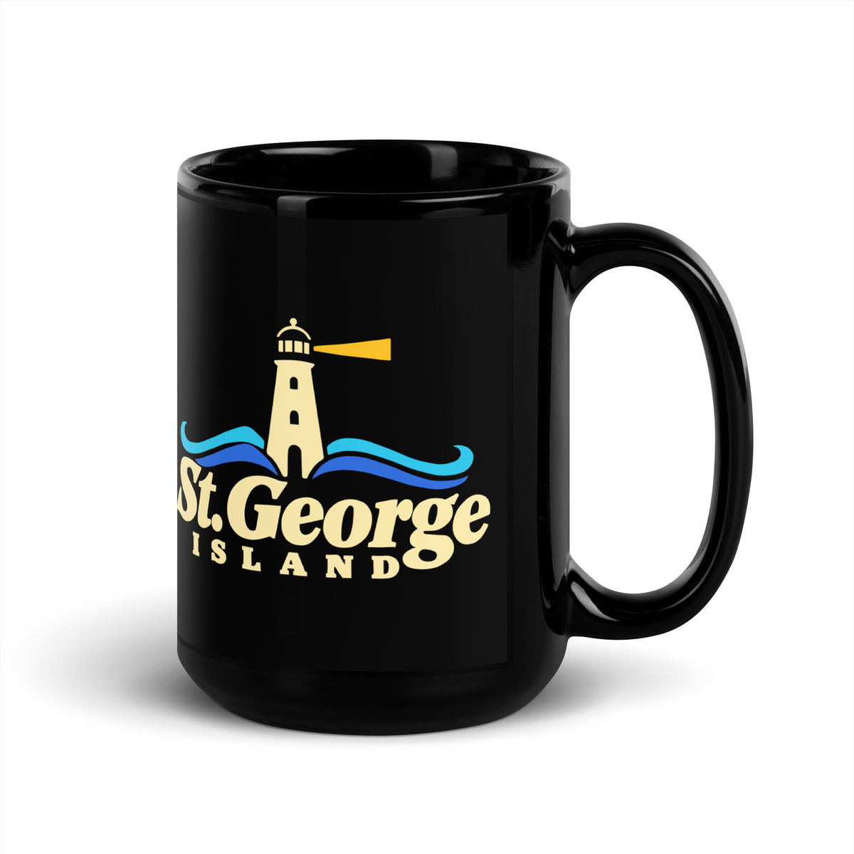 St. George Island — Black mug, 15 oz, right side, logo on both sides