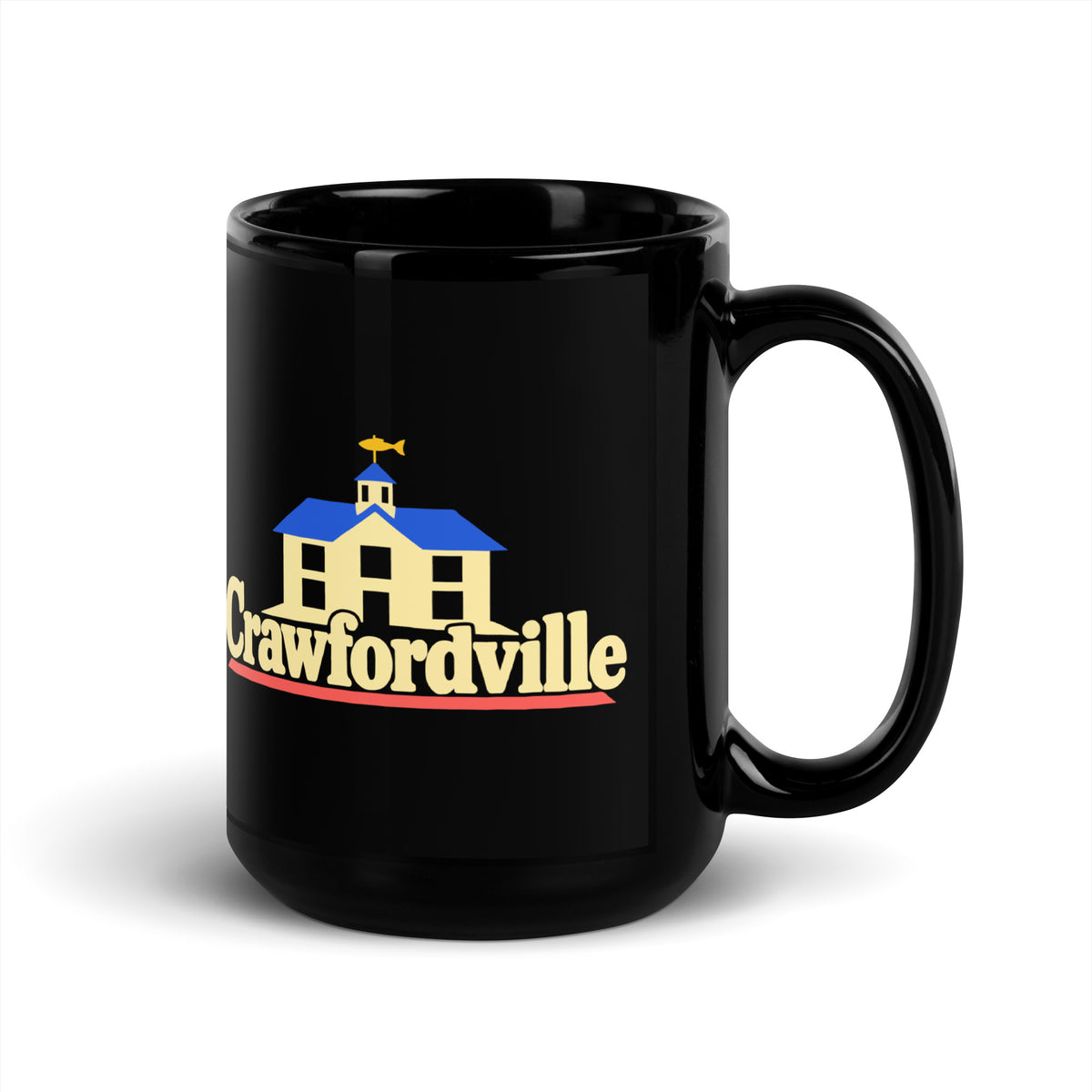 Crawfordville — Black mug, 15 oz, right side, logo on both sides
