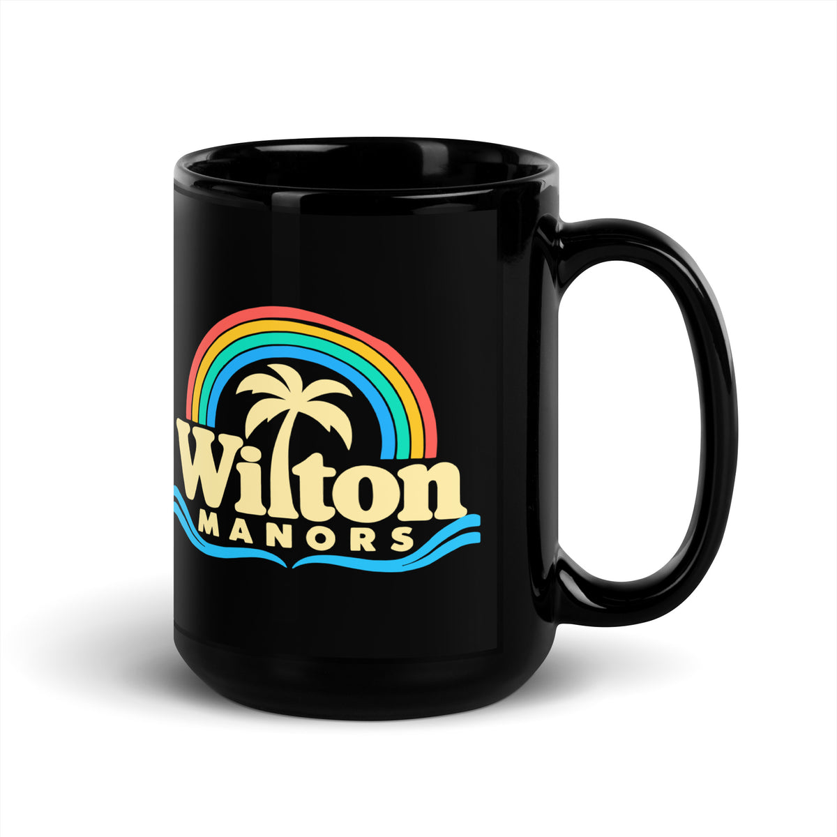 Wilton Manors — Black mug, 15 oz, right side, logo on both sides