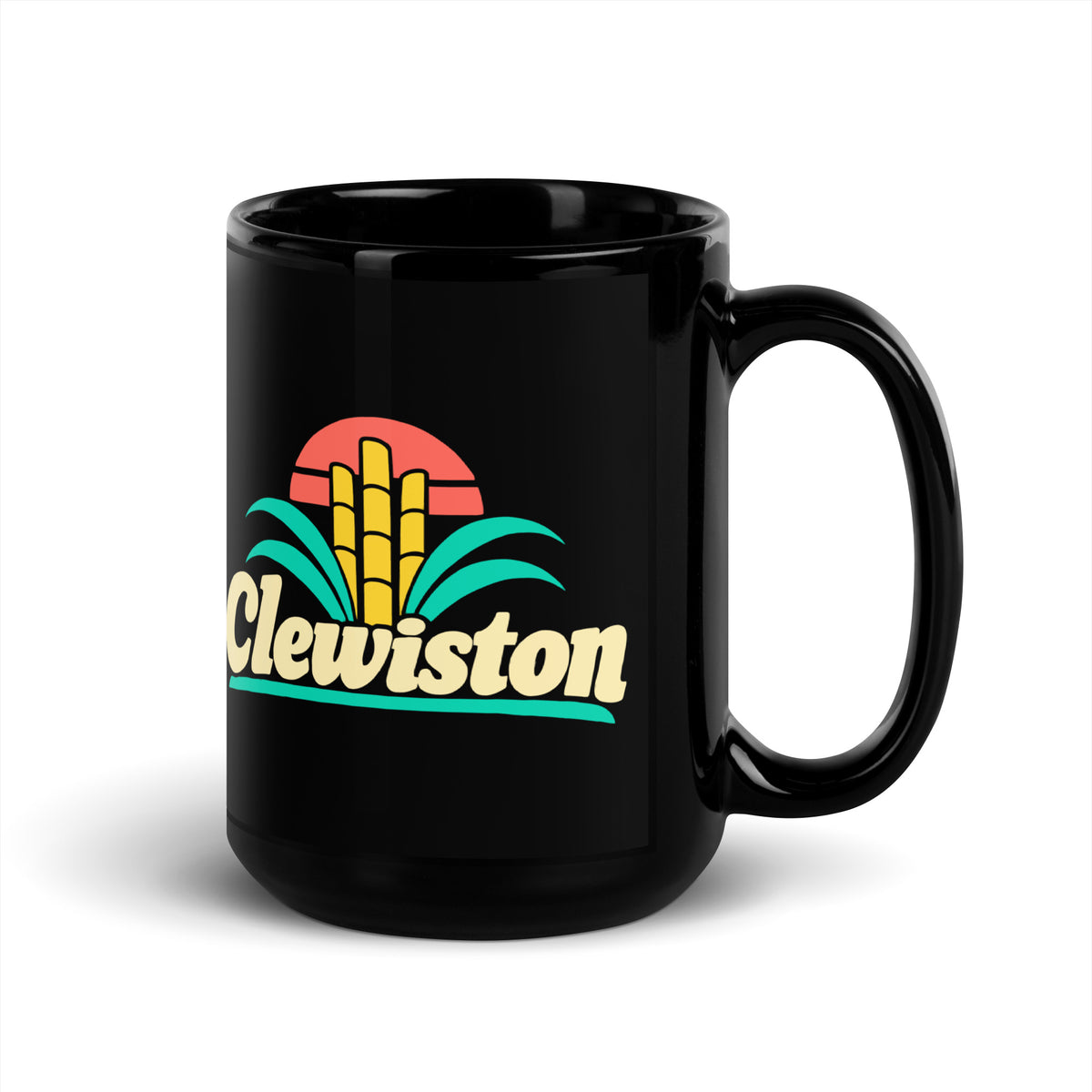 Clewiston — Black mug, 15 oz, right side, logo on both sides