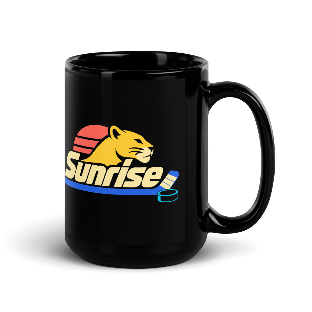Sunrise — Black mug, 15 oz, right side, logo on both sides