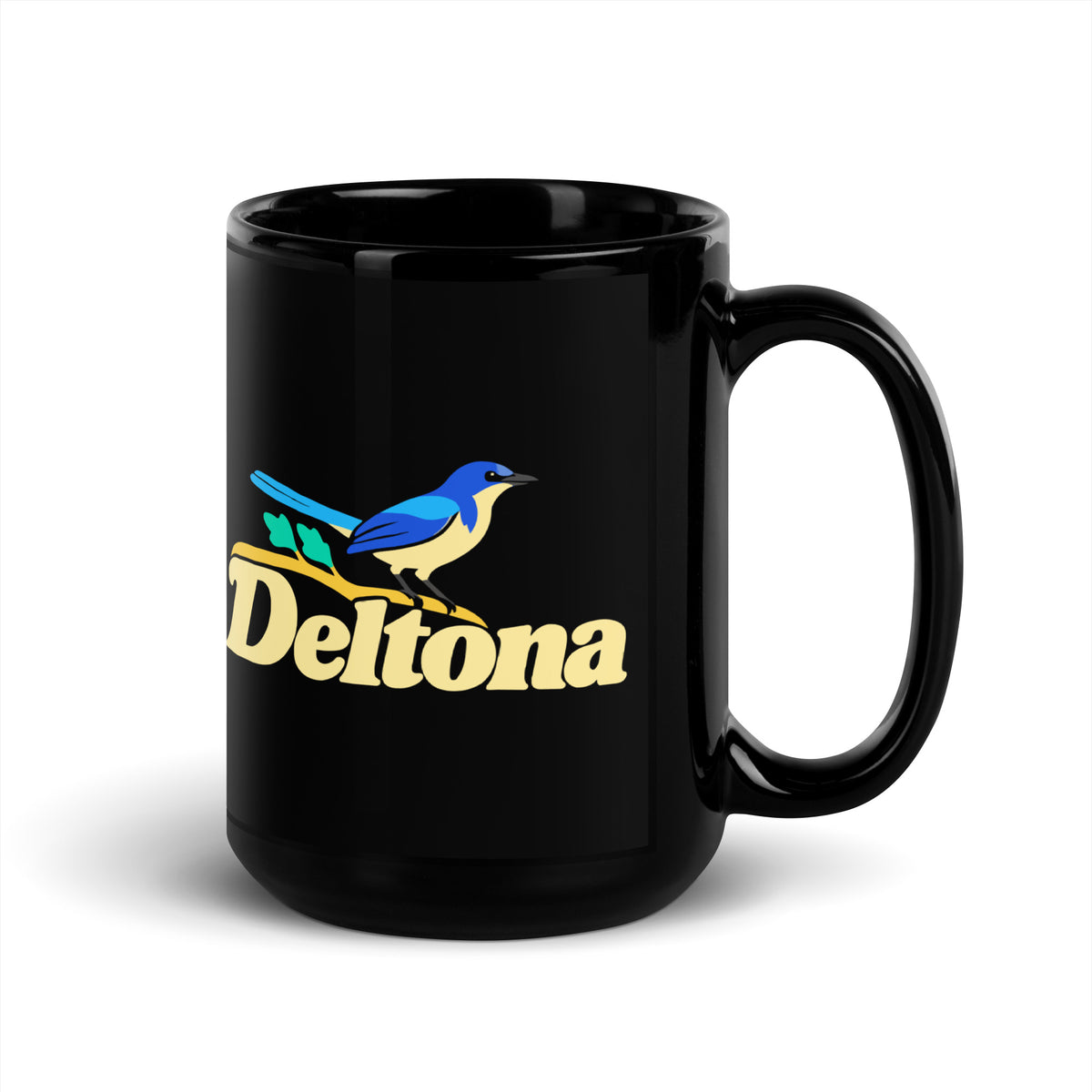 Deltona — Black mug, 15 oz, right side, logo on both sides