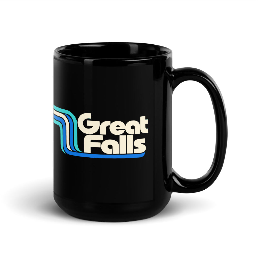 Great Falls — black mug, 15 oz, right side, logo on both sides