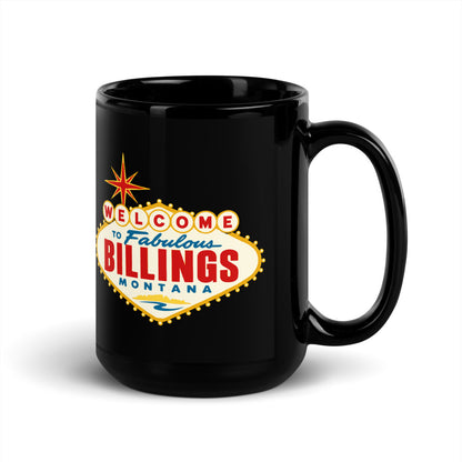 Billings - Welcome Sign — black mug, 15 oz, right side, logo on both sides
