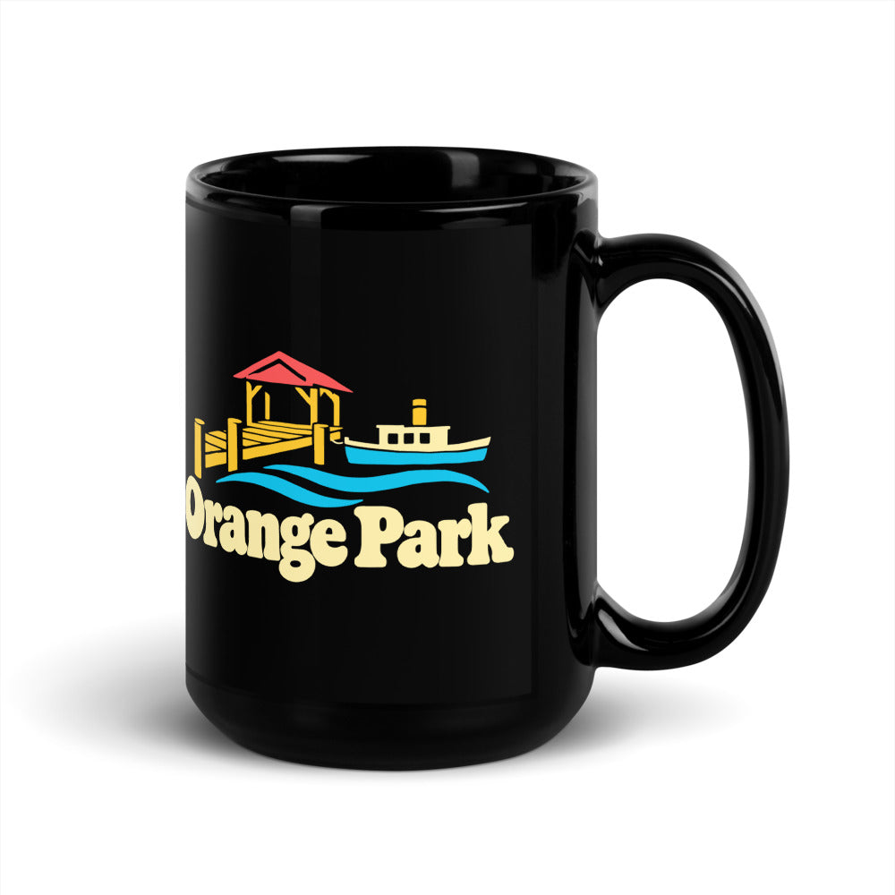 Orange Park — black mug, 15 oz, right side, logo on both sides