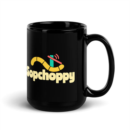Sopchoppy — black mug, 15 oz, right side, logo on both sides