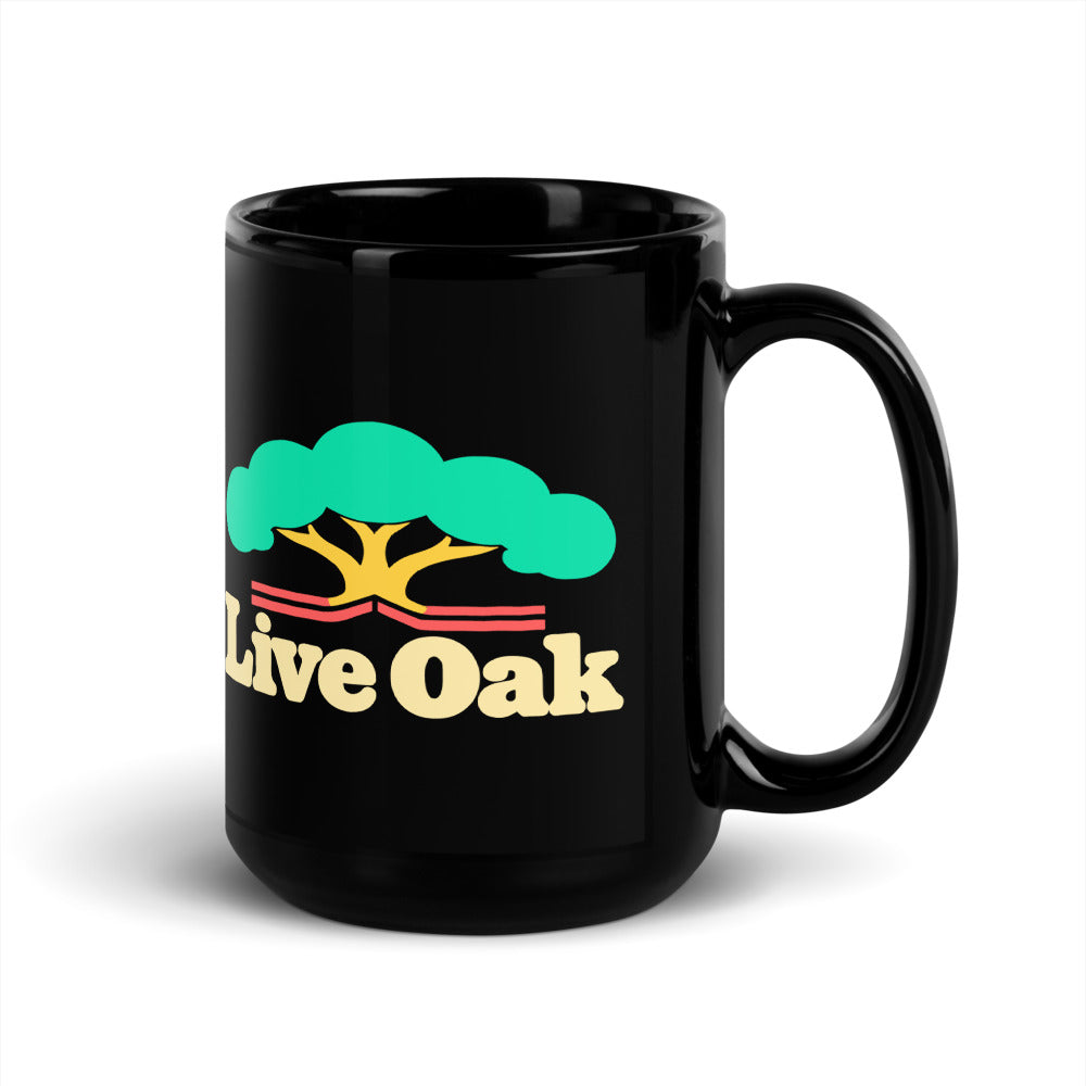 Live Oak — black mug, 15 oz, right side, logo on both sides