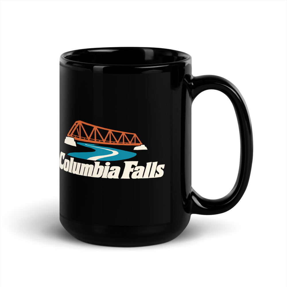 Columbia Falls — black mug, 15 oz, right side, logo on both sides