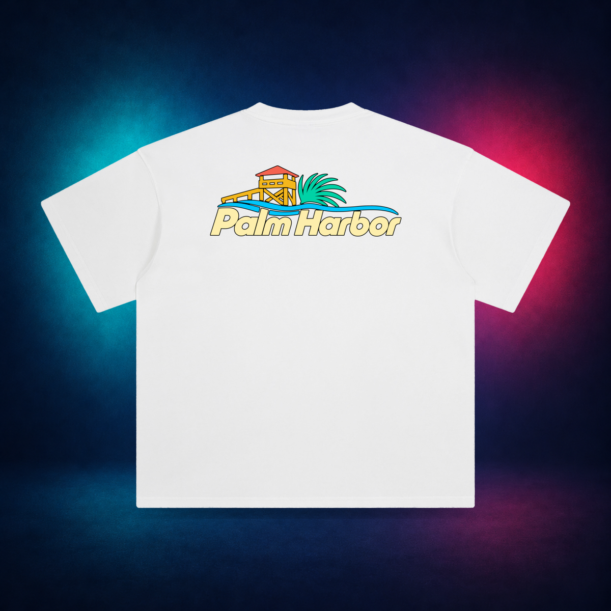 Palm Harbor — White — large back print | Vision Neon midnight studio