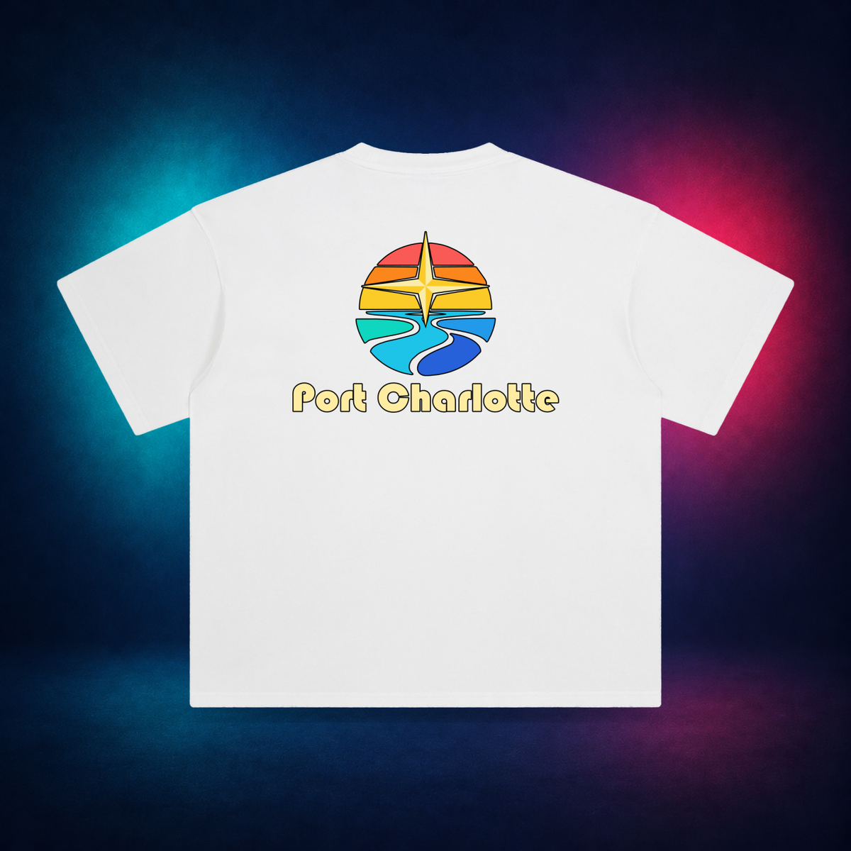 Port Charlotte — White — large back print | Vision Neon midnight studio