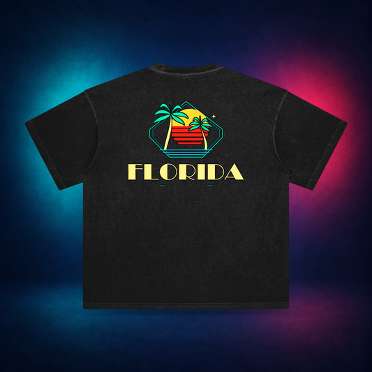 Florida Palm Sunset — Retro Black — back only print | Vision Neon midnight studio