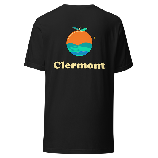 Clermont city shirt in Vintage Black, back view showing the main city design