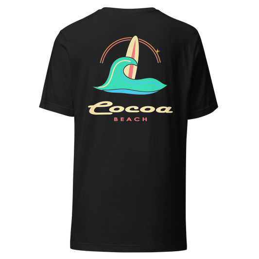 Cocoa Beach city shirt in Vintage Black, back view showing the main city design