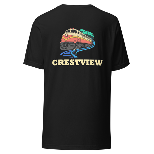 Crestview city shirt in Vintage Black, back view showing the main city design