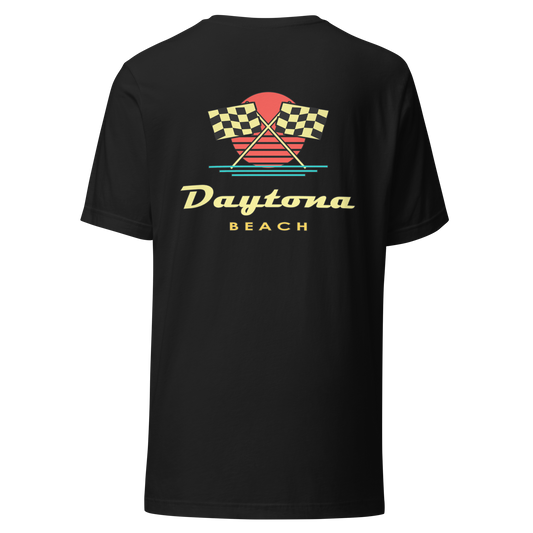 Daytona Beach city shirt in Vintage Black, back view showing the main city design