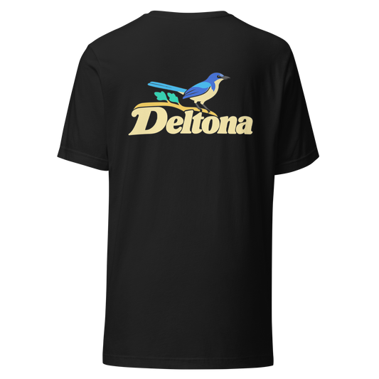 Deltona city shirt in Vintage Black, back view showing the main city design