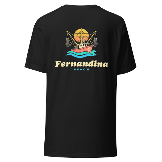 Fernandina Beach city shirt in Vintage Black, back view showing the main city design