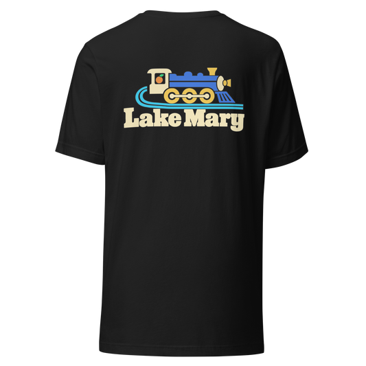 Lake Mary city shirt in Vintage Black, back view showing the main city design