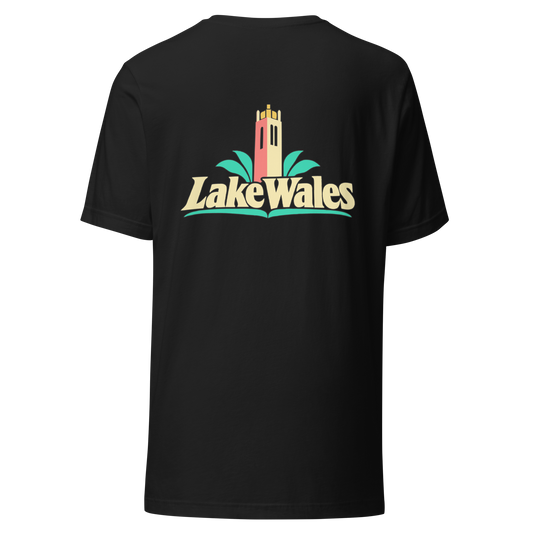 Lake Wales city shirt in Vintage Black, back view showing the main city design