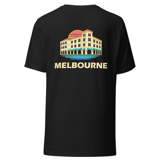 Melbourne city shirt in Vintage Black, back view showing the main city design