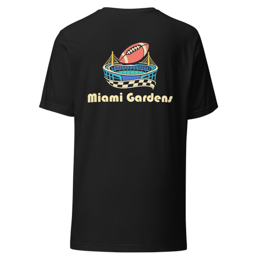 Miami Gardens city shirt in Vintage Black, back view showing the main city design