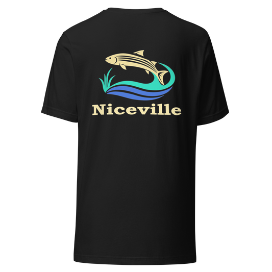 Niceville city shirt in Vintage Black, back view showing the main city design