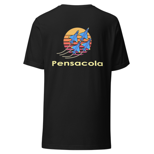 Pensacola city shirt in Vintage Black, back view showing the main city design