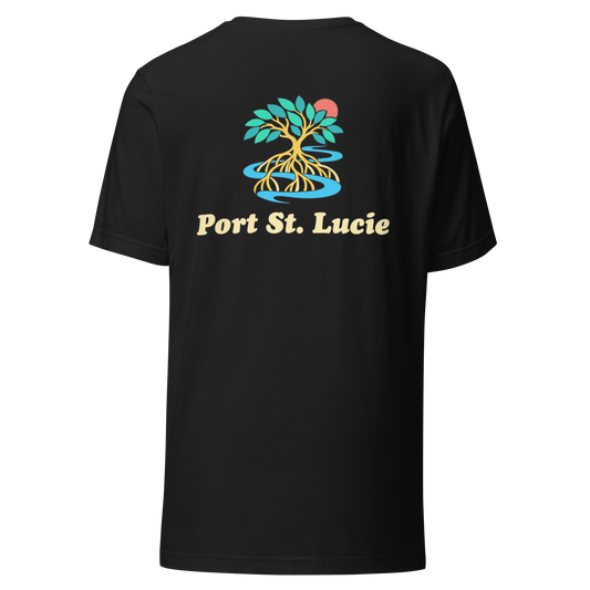 Port St. Lucie city shirt in Vintage Black, back view showing the main city design