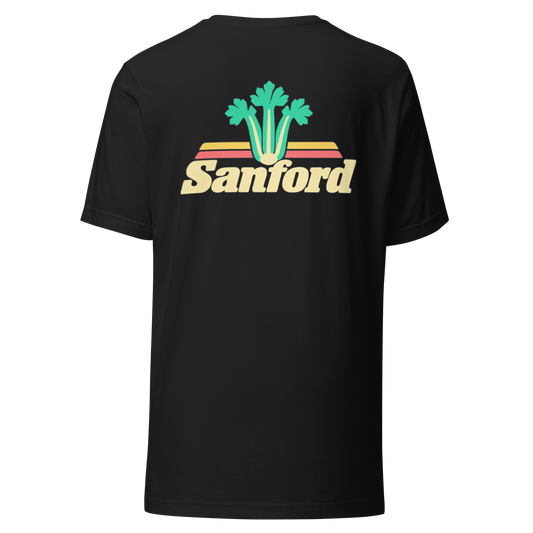 Sanford city shirt in Vintage Black, back view showing the main city design
