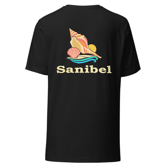 Sanibel city shirt in Vintage Black, back view showing the main city design