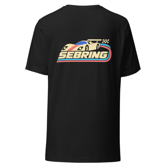 Sebring city shirt in Vintage Black, back view showing the main city design