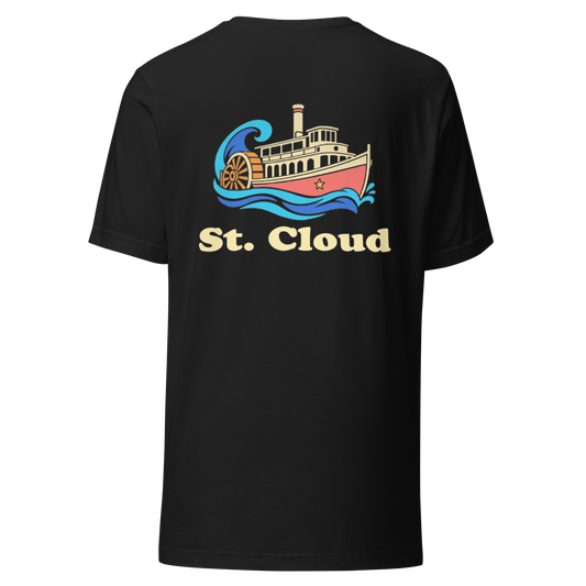 St. Cloud city shirt in Vintage Black, back view showing the main city design
