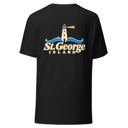 St. George Island city shirt in Vintage Black, back view showing the main city design