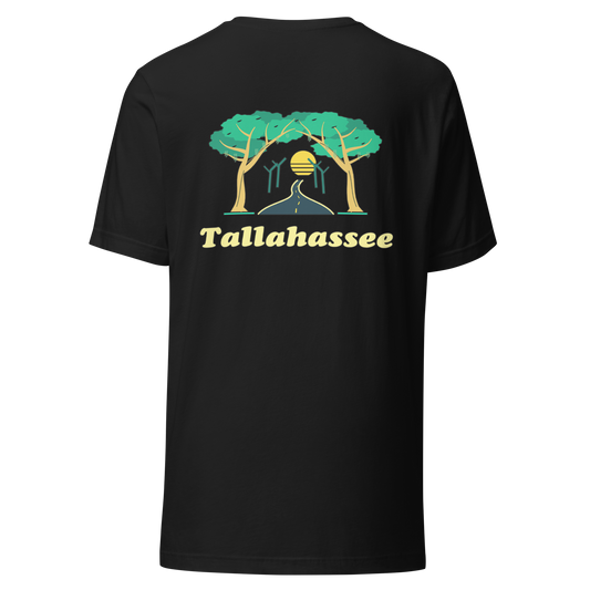 Tallahassee city shirt in Vintage Black, back view showing the main city design