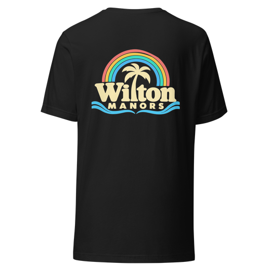 Wilton Manors city shirt in Vintage Black, back view showing the main city design