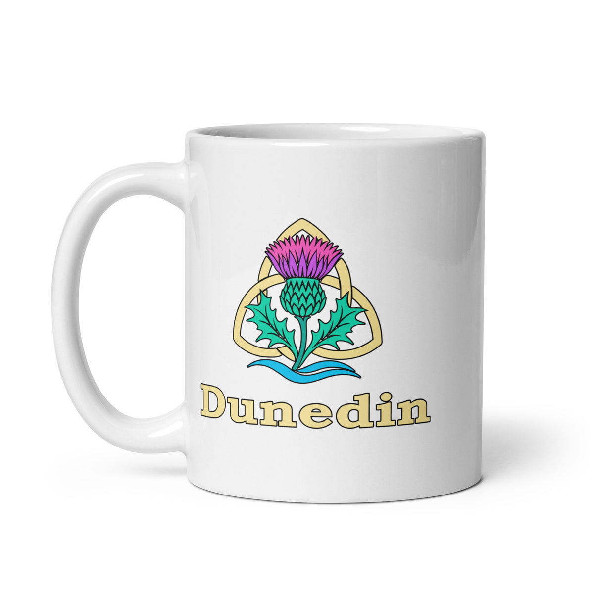 Dunedin — White mug, 11 oz, left side, logo on both sides