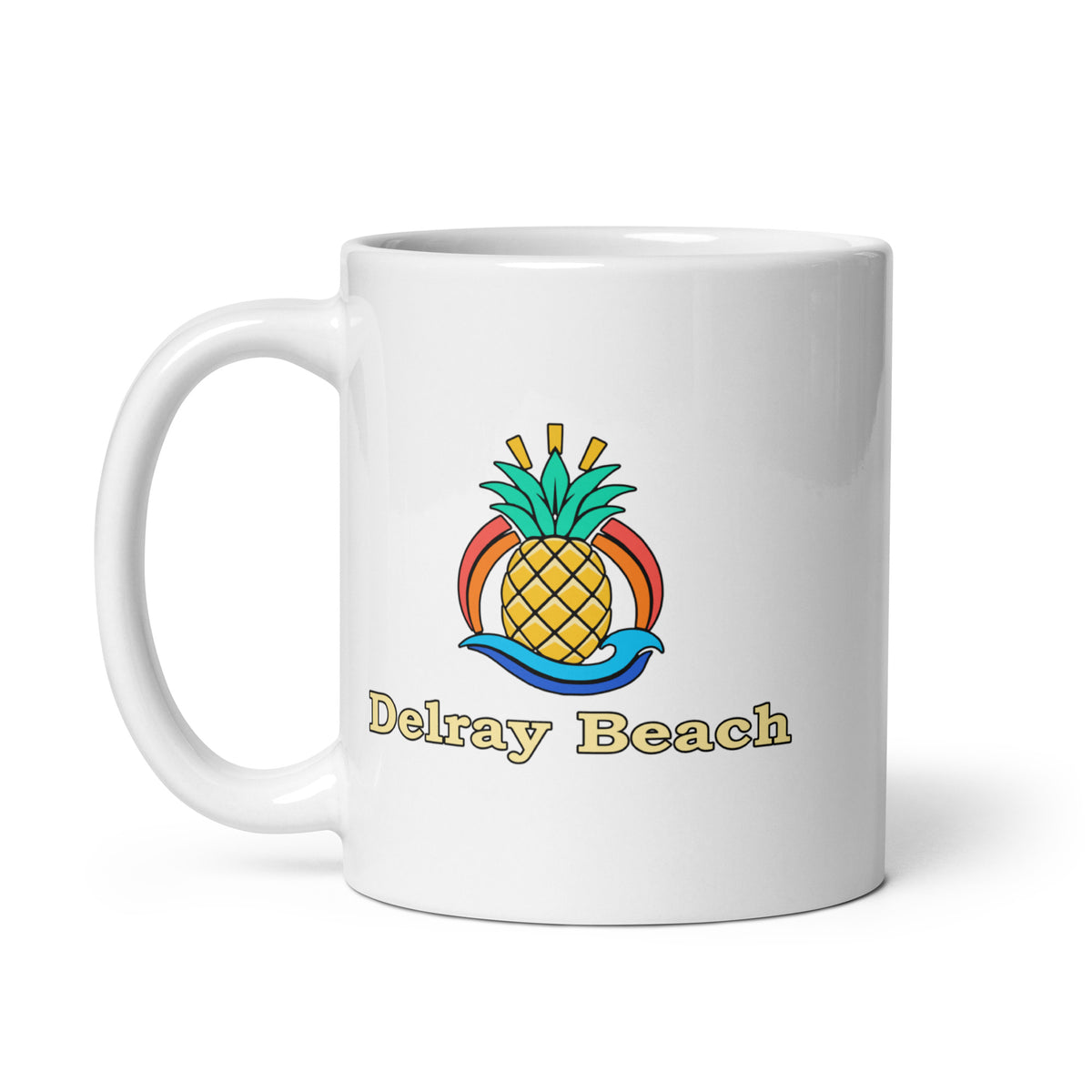 Delray Beach — White mug, 11 oz, left side, logo on both sides