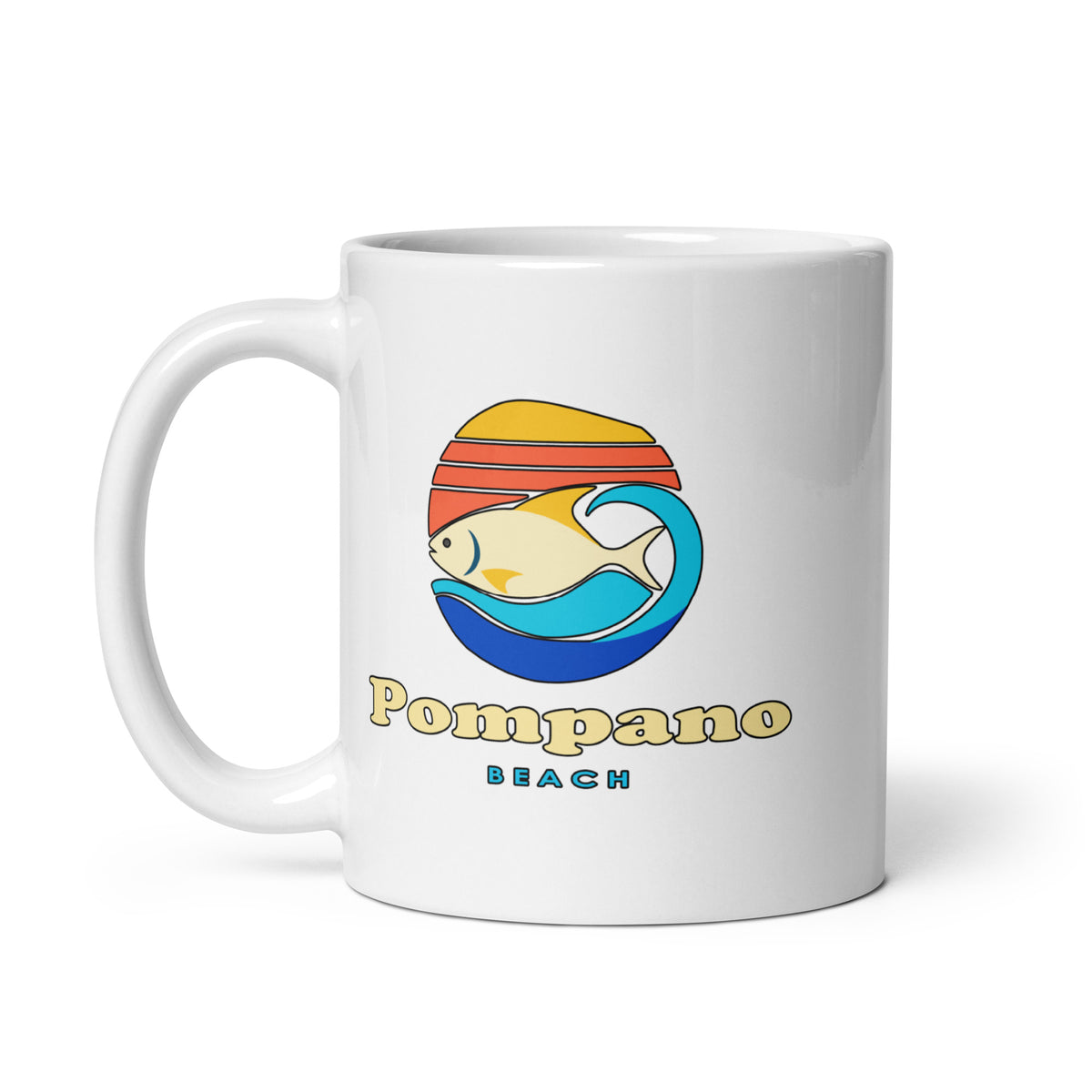 Pompano Beach — White mug, 11 oz, left side, logo on both sides