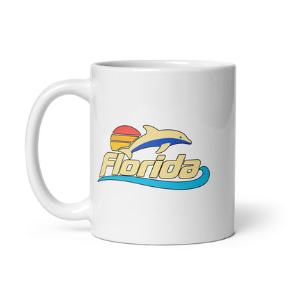 Florida Dolphin Sunset — White mug, 11 oz, left side, logo on both sides