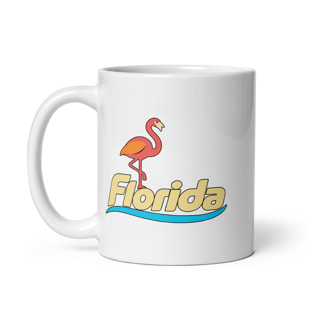 Florida Flamingo — White mug, 11 oz, left side, logo on both sides