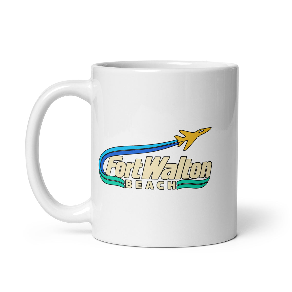 Fort Walton Beach — White mug, 11 oz, left side, logo on both sides