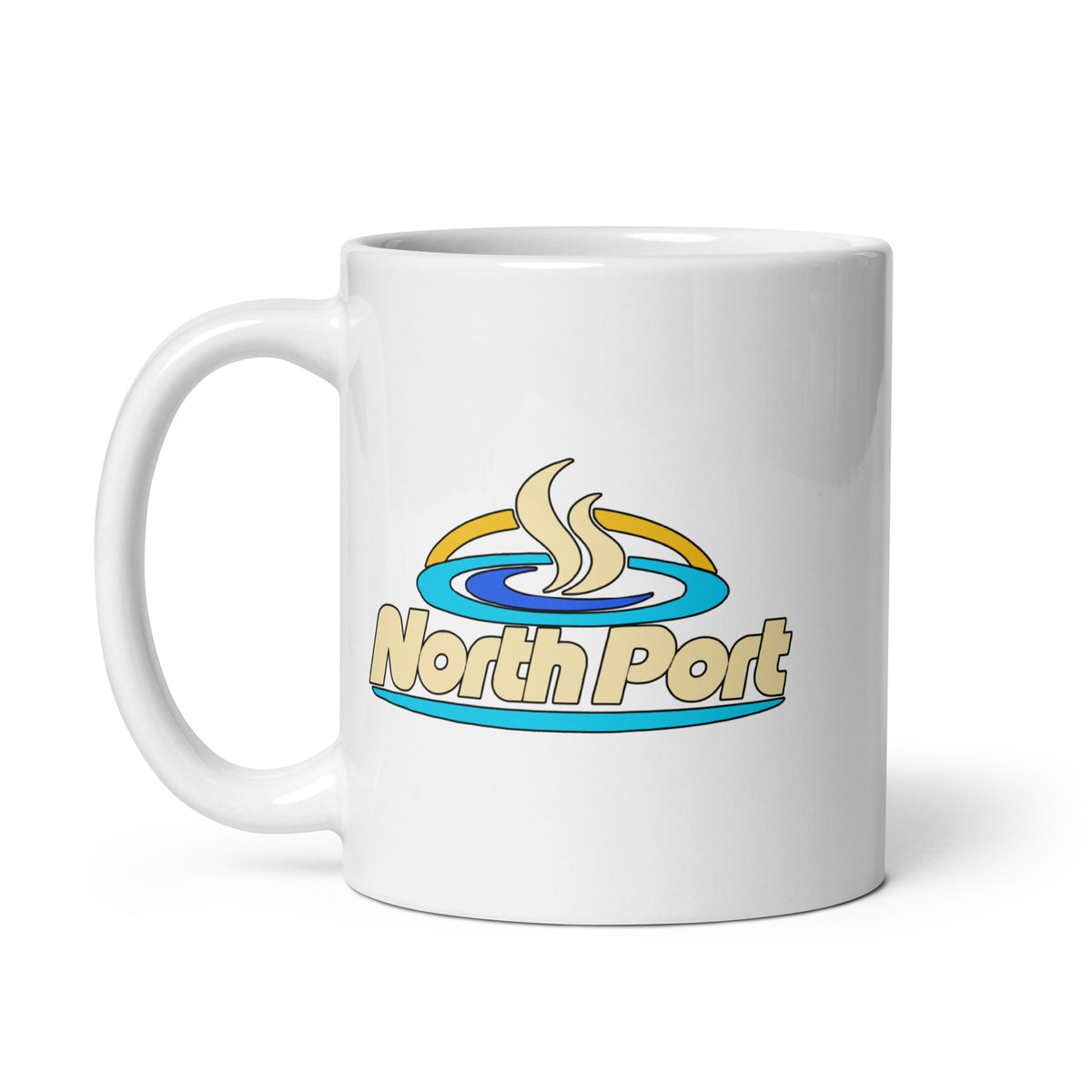 North Port — White mug, 11 oz, left side, logo on both sides