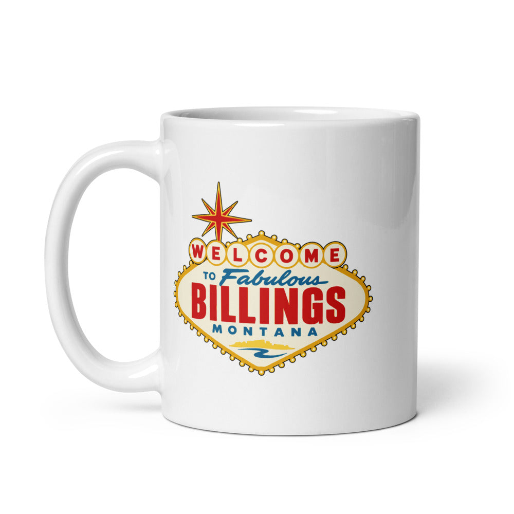 Billings - Welcome Sign — white mug, 11 oz, left side, logo on both sides