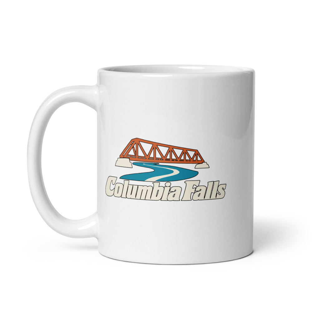 Columbia Falls — white mug, 11 oz, left side, logo on both sides