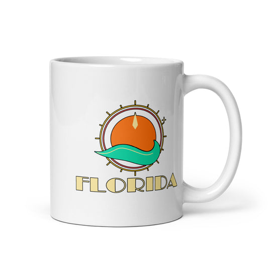 Florida Compass Wave — White mug, 11 oz, right side, logo on both sides
