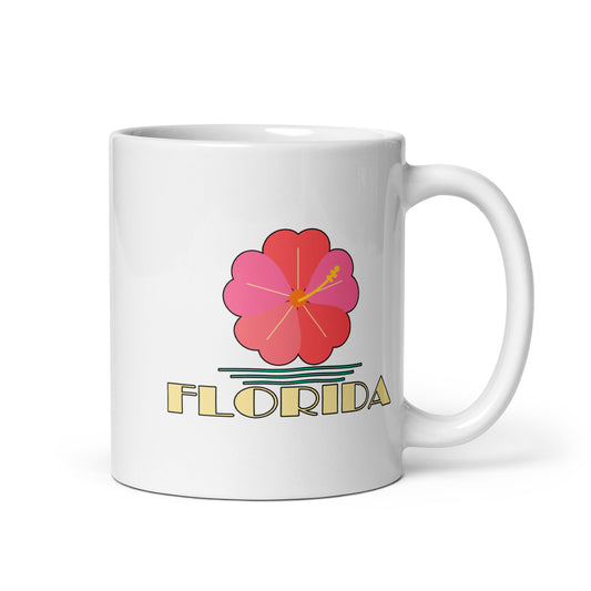 Florida Hibiscus — White mug, 11 oz, right side, logo on both sides