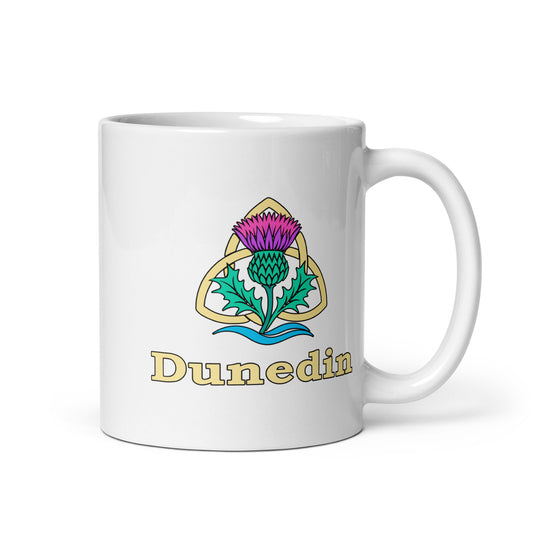 Dunedin — White mug, 11 oz, right side, logo on both sides