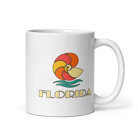 Florida Spiral Shell — White mug, 11 oz, right side, logo on both sides