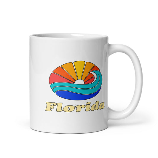 Florida Sunset Wave — White mug, 11 oz, right side, logo on both sides